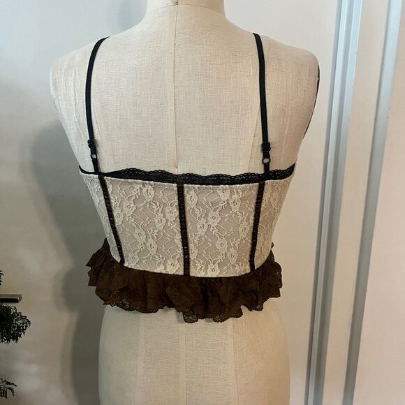 CORSETLYF Cream, Brown and Back Lace Corset Top with Velvet Bows Size Medium - Picture 3 of 8